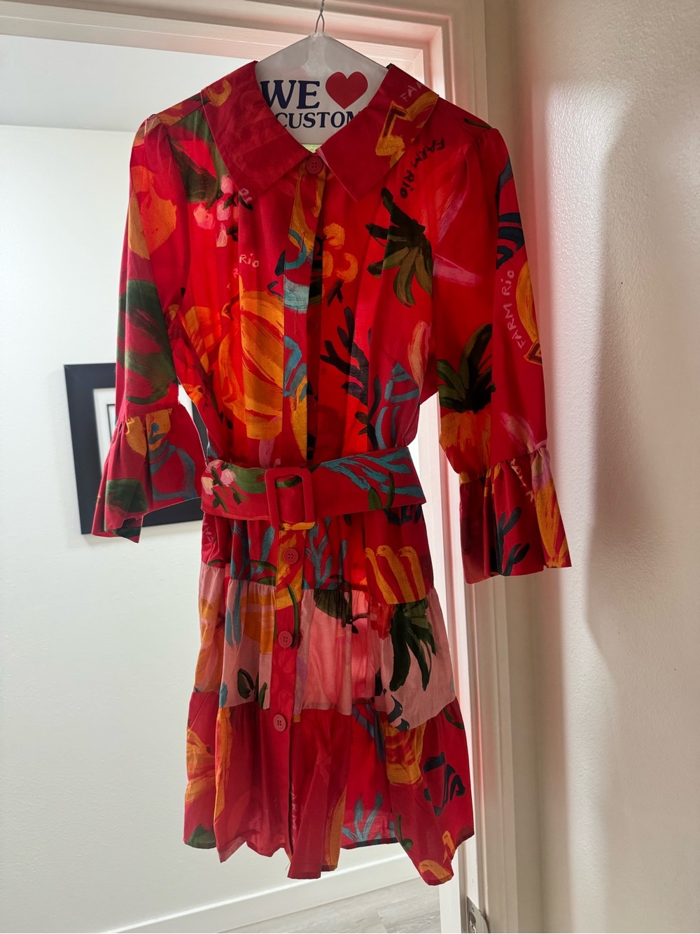 FARM Rio Red Tropical Floral Button-Front Mini Dress with Belt